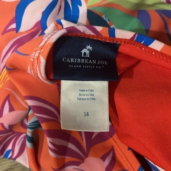Caribbean Joe Ruffle Sleeve Adjustable Strap Coral Orange Floral Swimsuit 14 - Picture 7 of 9